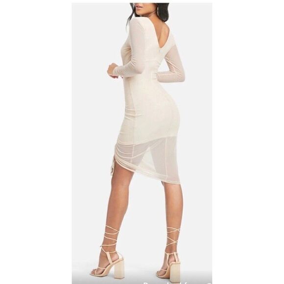 Bebe New Bodycon Solid Beige Nude Sheer Long Sleeve Ruched Mini Dress Xs - Picture 2 of 12